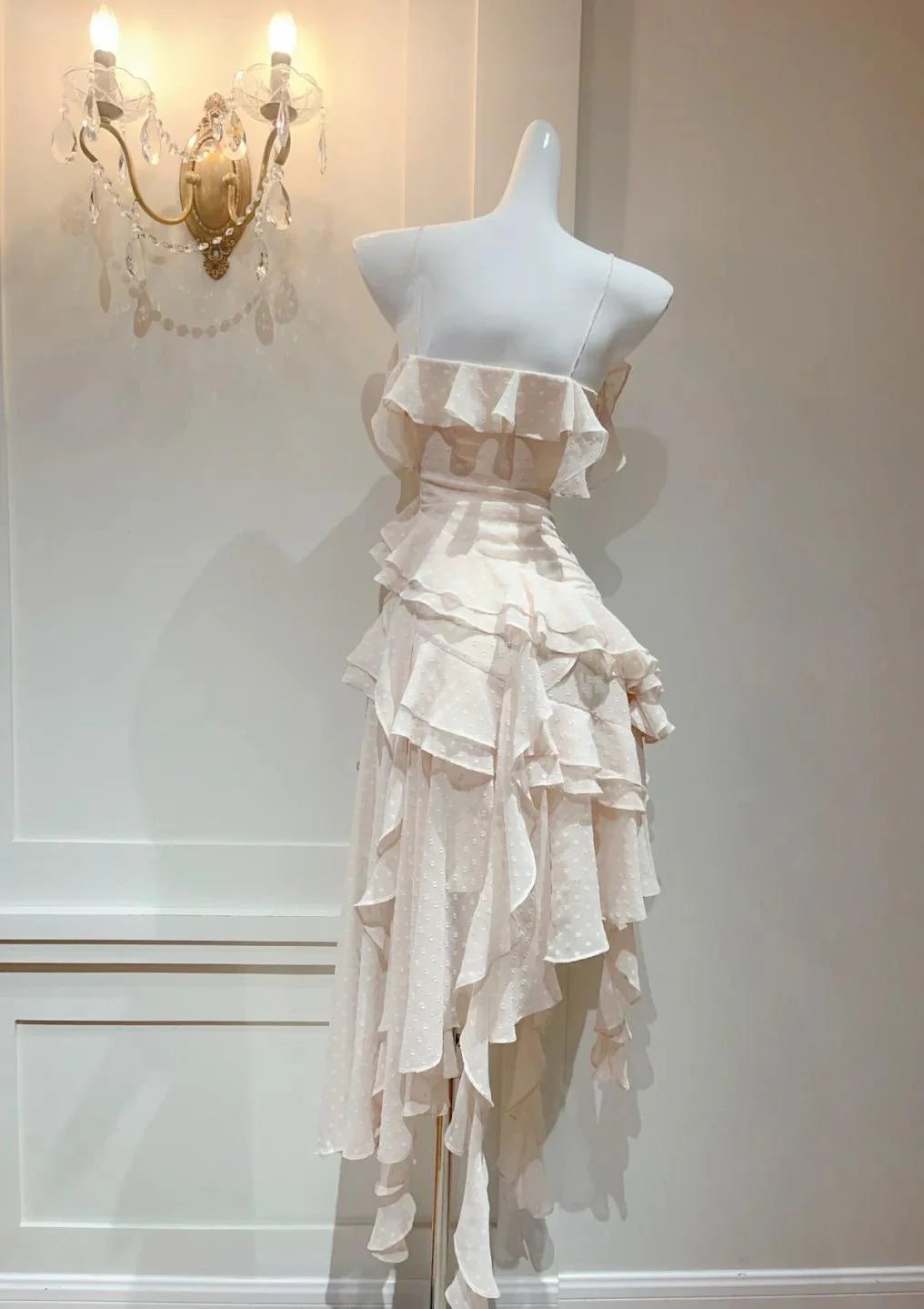 Glam Light Apricot Spaghetti Straps Chiffon Polka Dots Ruffles A-line Party Dress