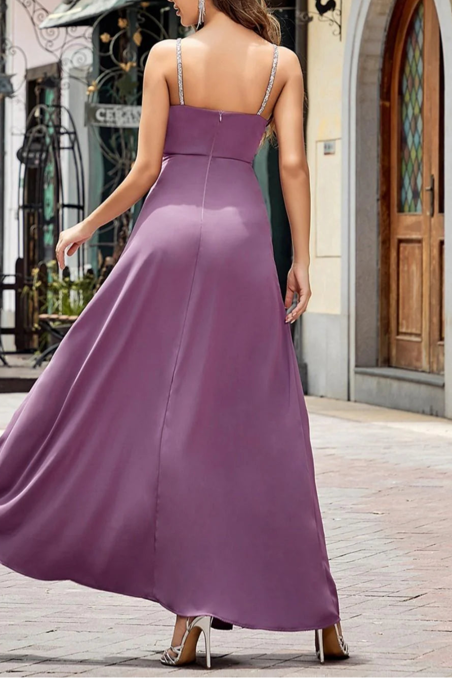 Purple Bodycon Spaghetti Straps Retract Your Waist Long Prom Dress With Split