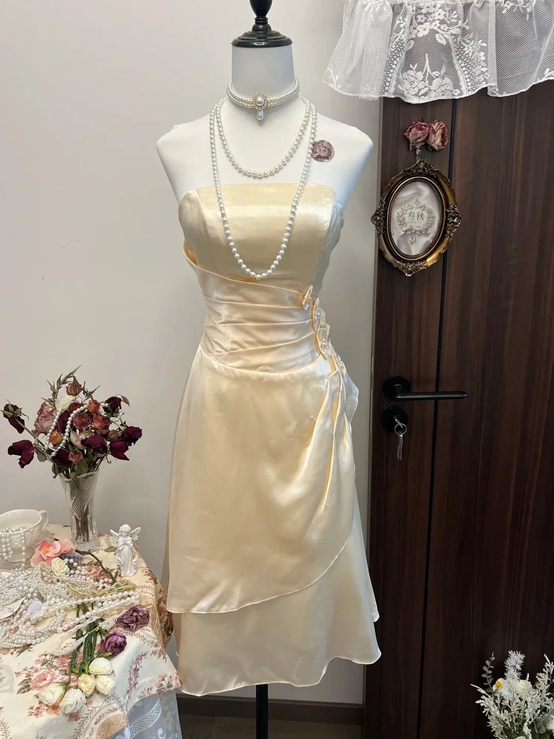 Simple A Line Strapless Flower Champagne Satin Short  Off Shoulder Homecoming Dress