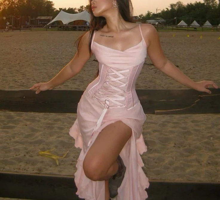 Pink Chiffon Spaghetti Straps with Slits Party Dress Beautiful Bridesmaid Dress