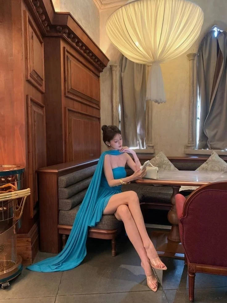 Blue A Line Strapless Chiffon Short Birthday Dress Off Shoulder Homecoming Dress