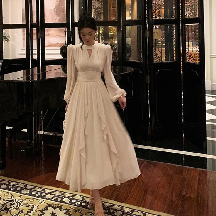 Elegant Ruffles Midi Dress Women Lantern Sleeve A-line Evening Party Prom Dresses