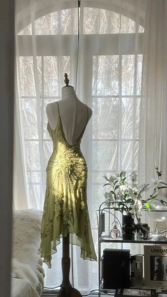 Gentle Mermaid Spaghetti Strap Beaded Flower Green Chiffon Party Dress