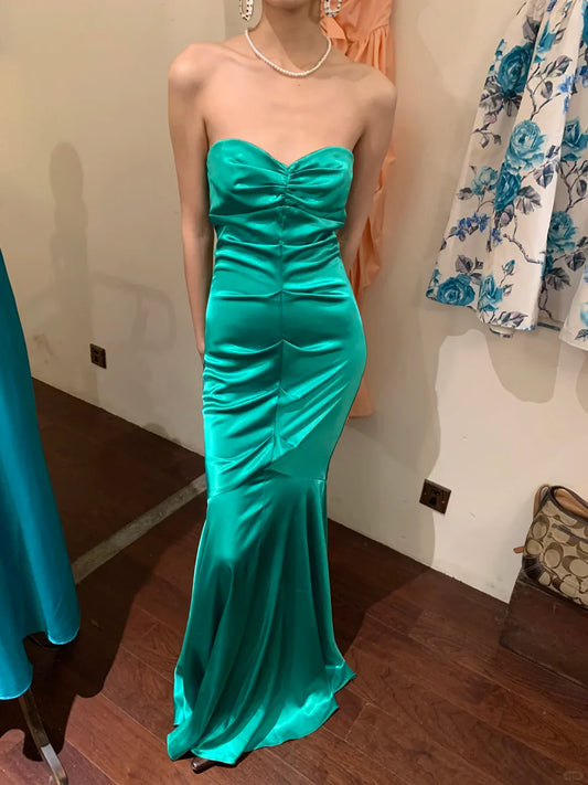 Vintage Mermaid Sweetheart Neck Pleated Green Satin Long Party Dress