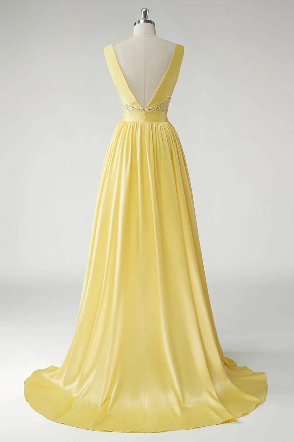 Yellow A Line Noble and elegant Deep V-Neck Long Prom Dress