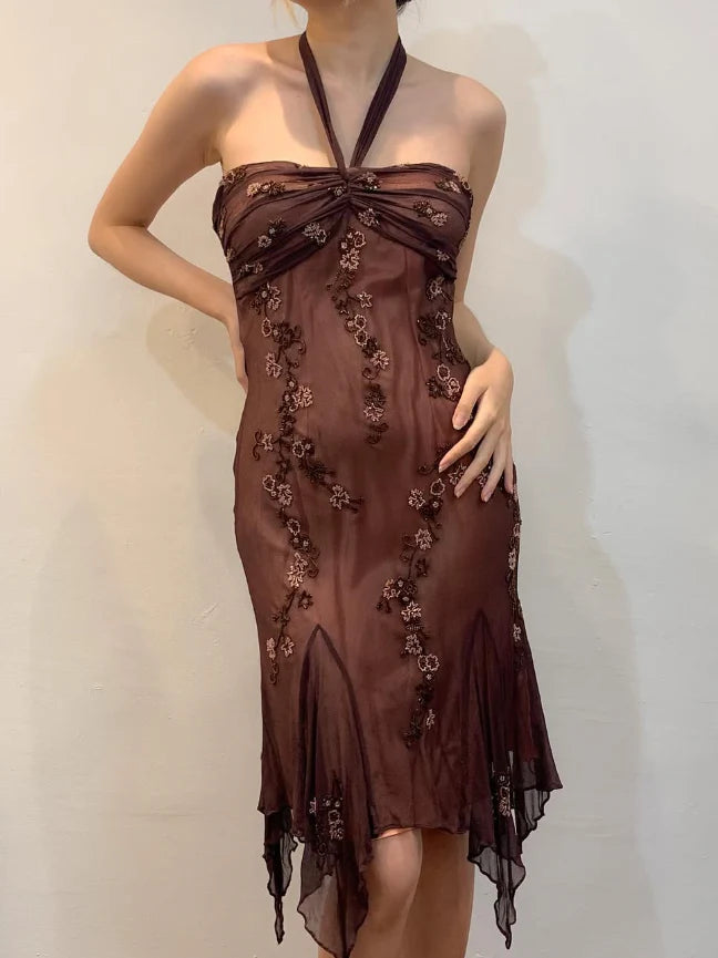 Vintage Sheath Halter Beaded Short Homecoming Dress Brown Chiffon Evening Dress