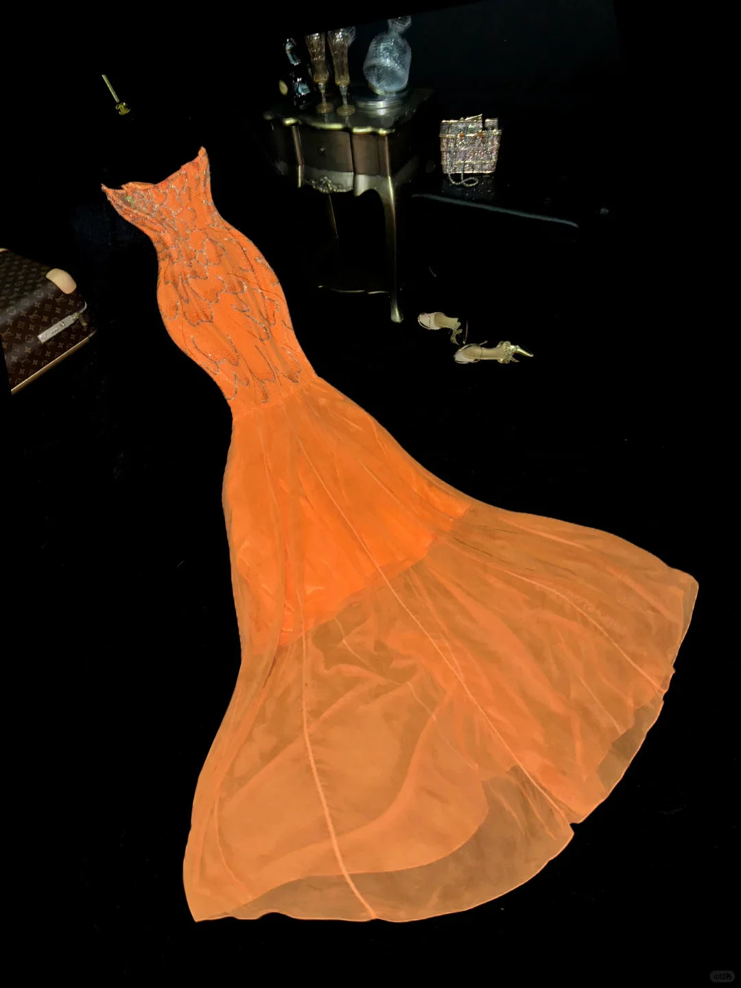 Stunning Mermaid Strapless Beaded Sequin Orange Chiffon Long Party Dress