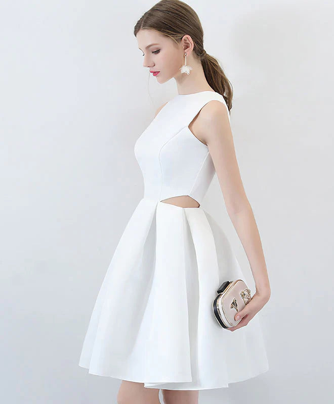 Simple White Satin Short Prom Dress, Unique design Retract Your Waist Homecoming Dress