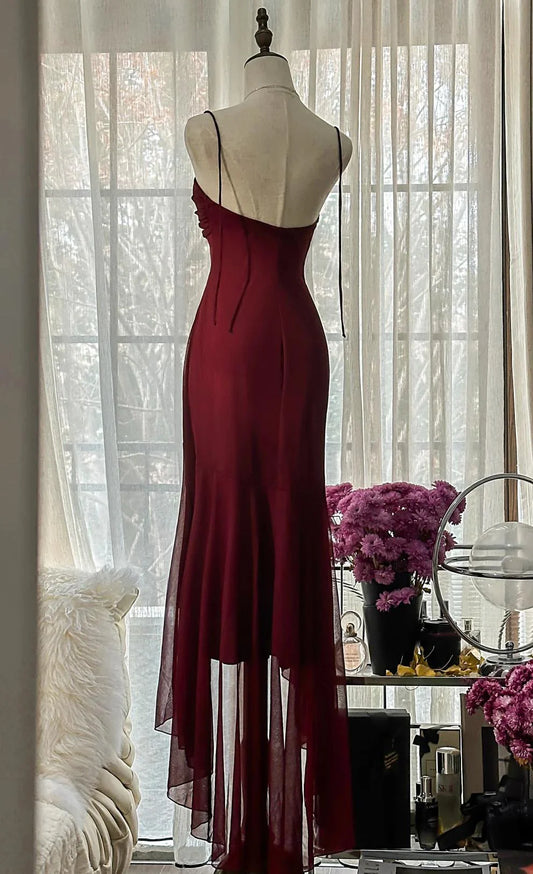 Vintage Red Mermaid Strapless Chiffon Prom Dress Graduation Party Dress