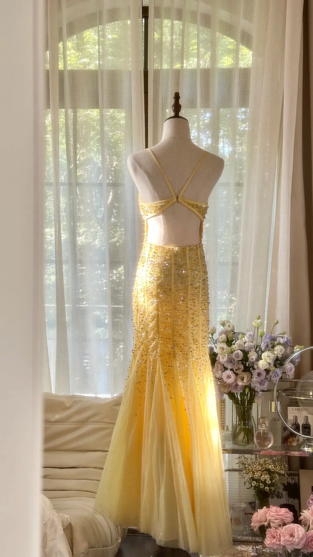 Light Yellow Mermaid Spaghetti Strap Sequin Beaded Chiffon Open Back Party Dress