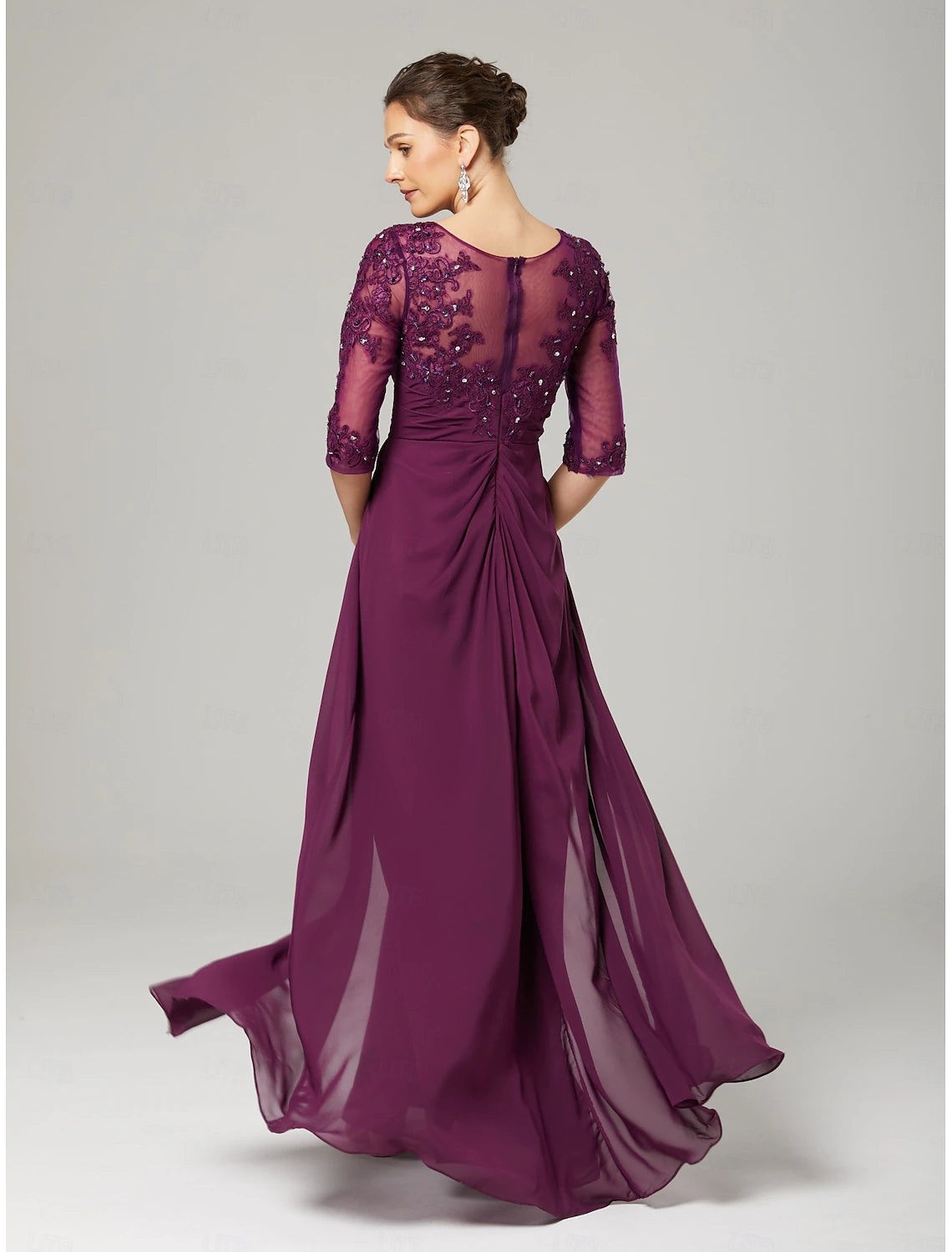 Sheath / Column Mother of the Bride Dress Formal Wedding Guest Elegant Sparkle & Shine Crew Neck Asymmetrical Floor Length Chiffon Lace 3/4 Length Sleeve with Sequin Appliques