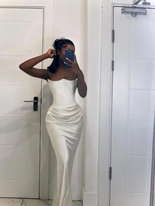 Exquisite tailoring White Strapless Long Prom Dress Evening Party Dress