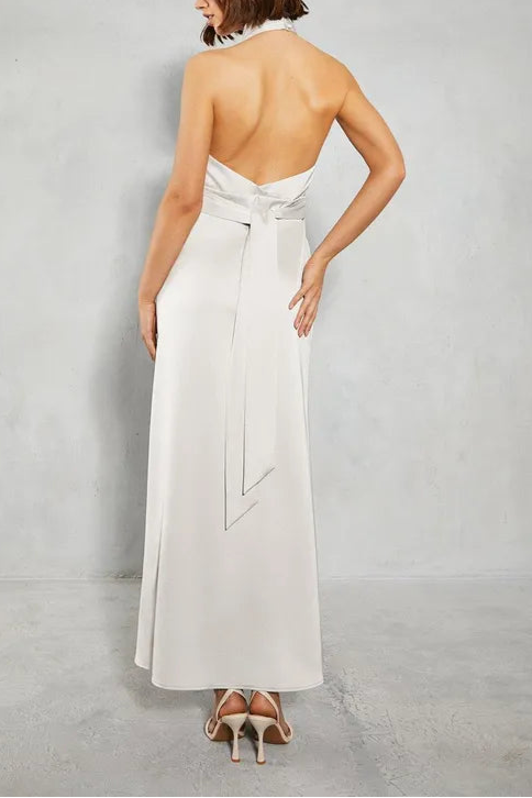 Unique design Satin Halter Retract Your Waist Bias Cut Maxi Bridesmaids Dress