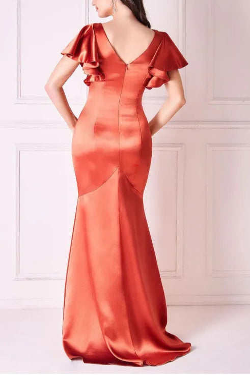 Satin Retract Your Waist Flutter Sleeve Mermaid Maxi Bridesmaids Dress