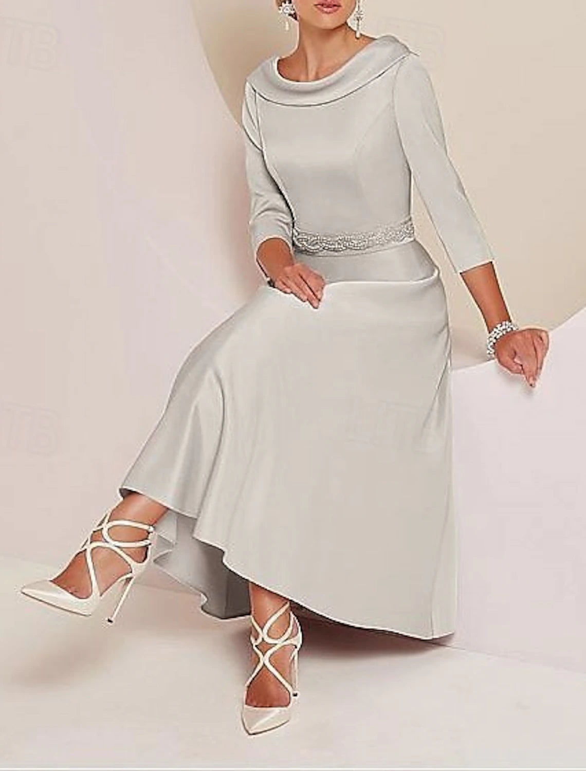 A-Line Dress Mother of the Bride Dress Elegant Vintage Bateau Neck Tea Length Satin 3/4 Length Sleeve with Beading Derby Dress Race Day Dress