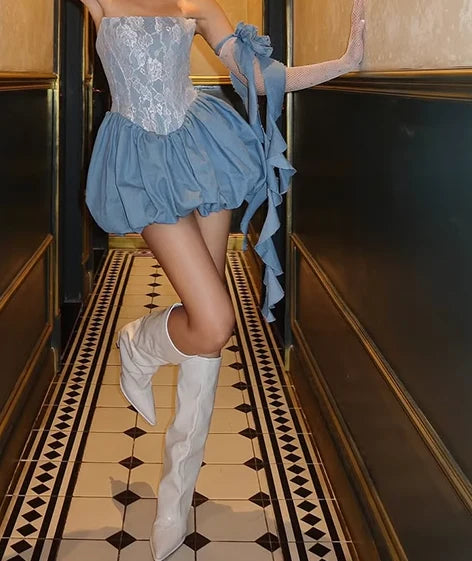 Strapless A-Line Satin Short Prom Dresses Elegant Blue Homecoming Dresses