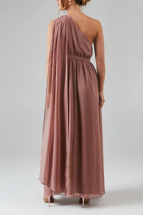 One Shoulder Drape Chiffon Retract Your Waist Maxi Bridesmaid Dress