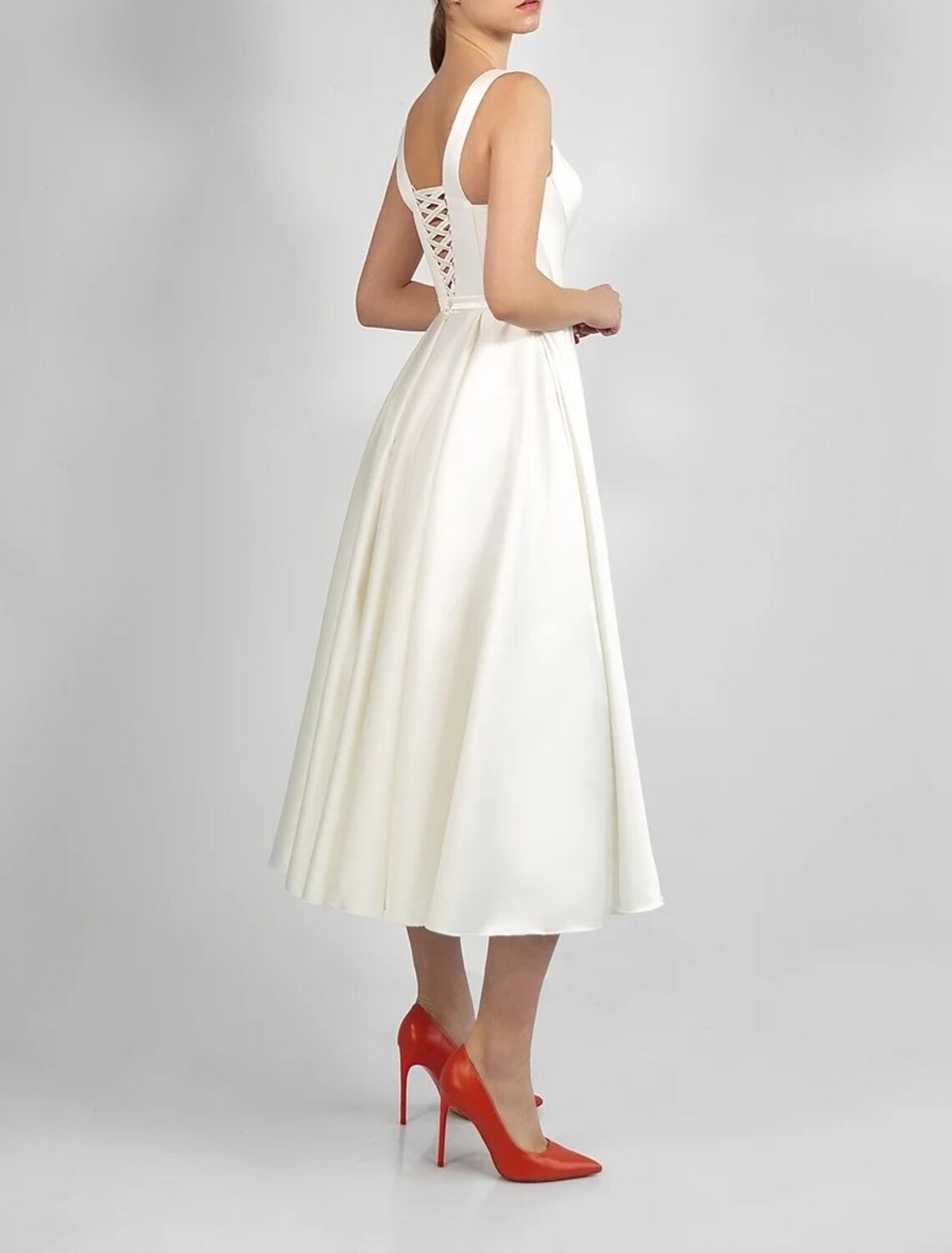 Hall Little A-Line Scoop Neck White Dress Bridal Shower Dresses Wedding Dresses Sleeveless Tea Length Satin Bridal Gowns