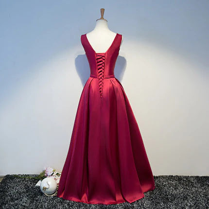 Simple A line Satin Retract Your Waist Sleeveless Long Prom Dresses