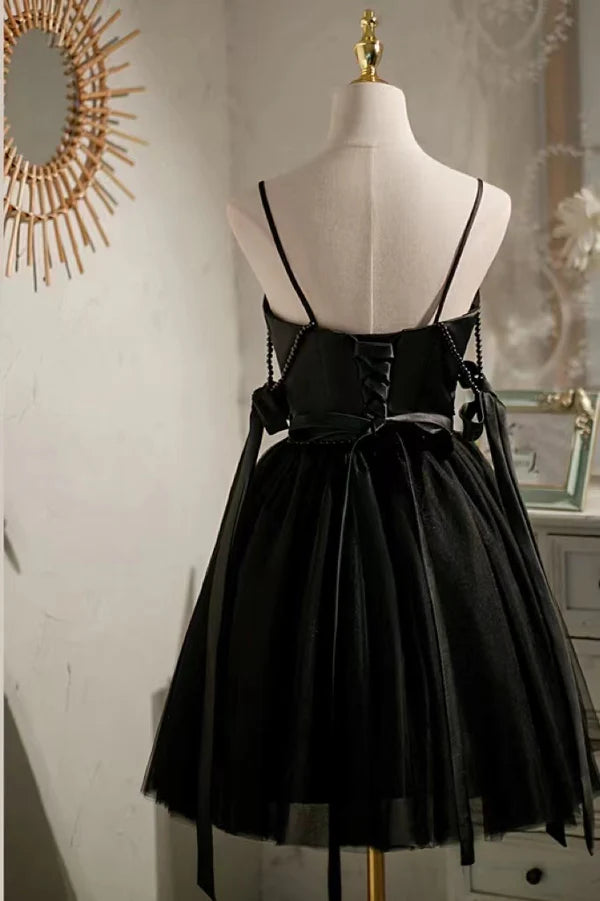 Cute Black Satin V Neck Short Spaghetti Straps Homecoming Dresses With Bowknot