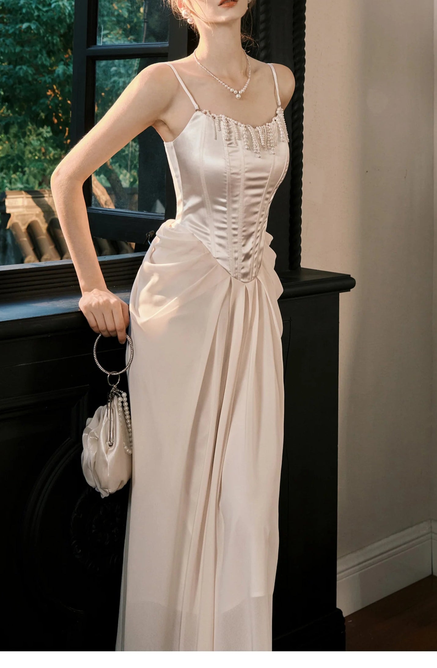 Pearl Pendant Spaghetti Straps Party Dress Satin Light Champagne French Chiffon Birthday Dress