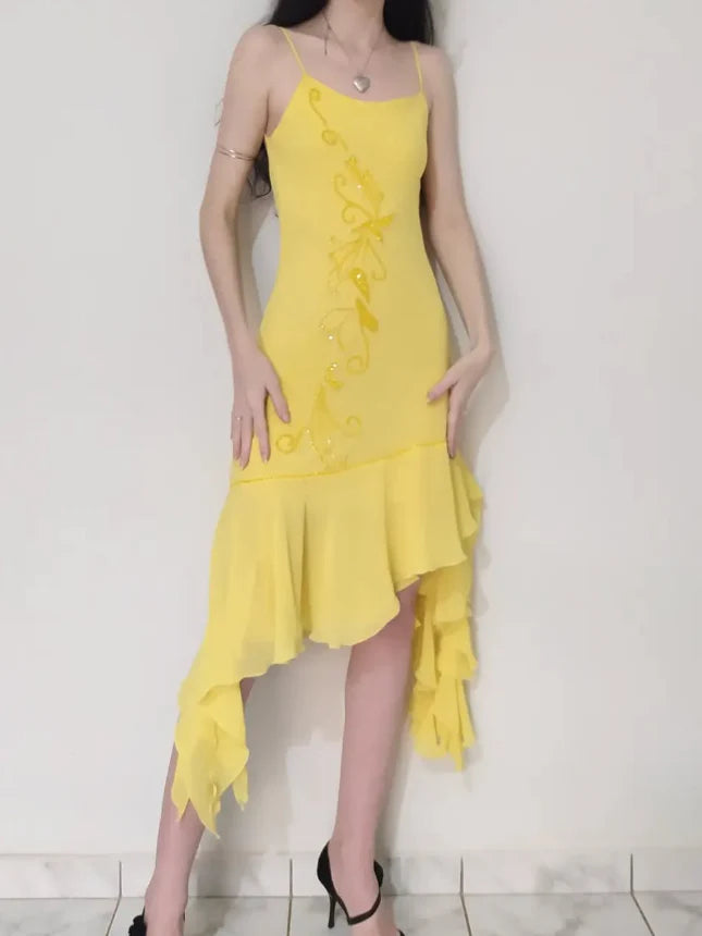 Cute Sheath Spaghetti Strap Beaded Yellow Ruffle Chiffon Prom Dress