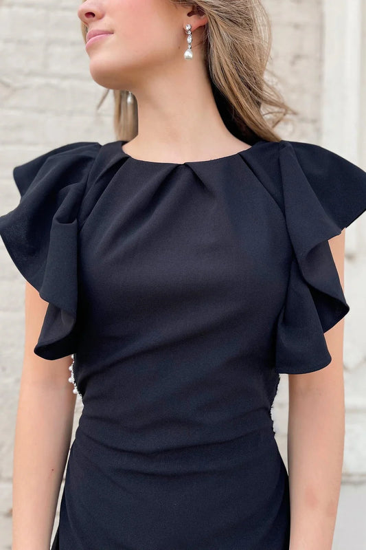 Black Cutout Short Round Neckline Ruffled Sleeves Party Dress with Pearls