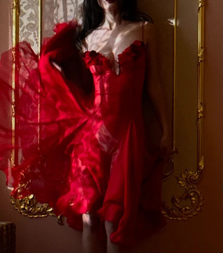 Sexy A Line Spaghetti Strap Flower Burgundy Chiffon Short Party Dress