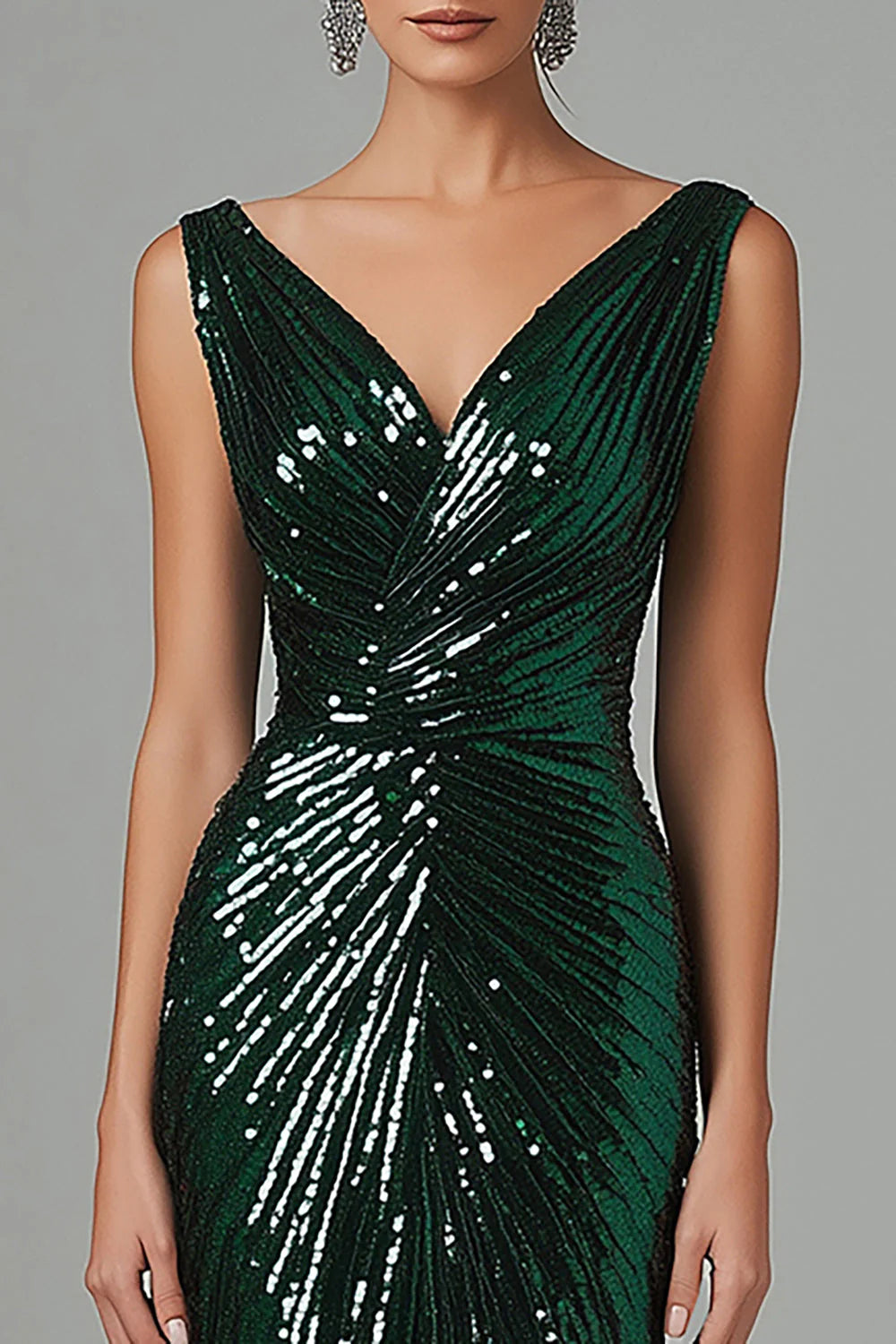 Dark Green Mermaid V-Neck Sequins Pleated Unique design Formal Prom Dress