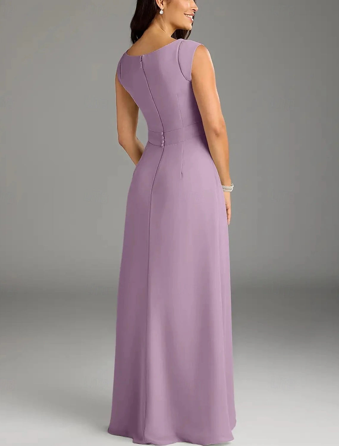 A-Line Mother of the Bride Dress Wedding Guest Elegant Minimalist Crew Neck Floor Length Chiffon Lace Cap Sleeve with Lace Buttons