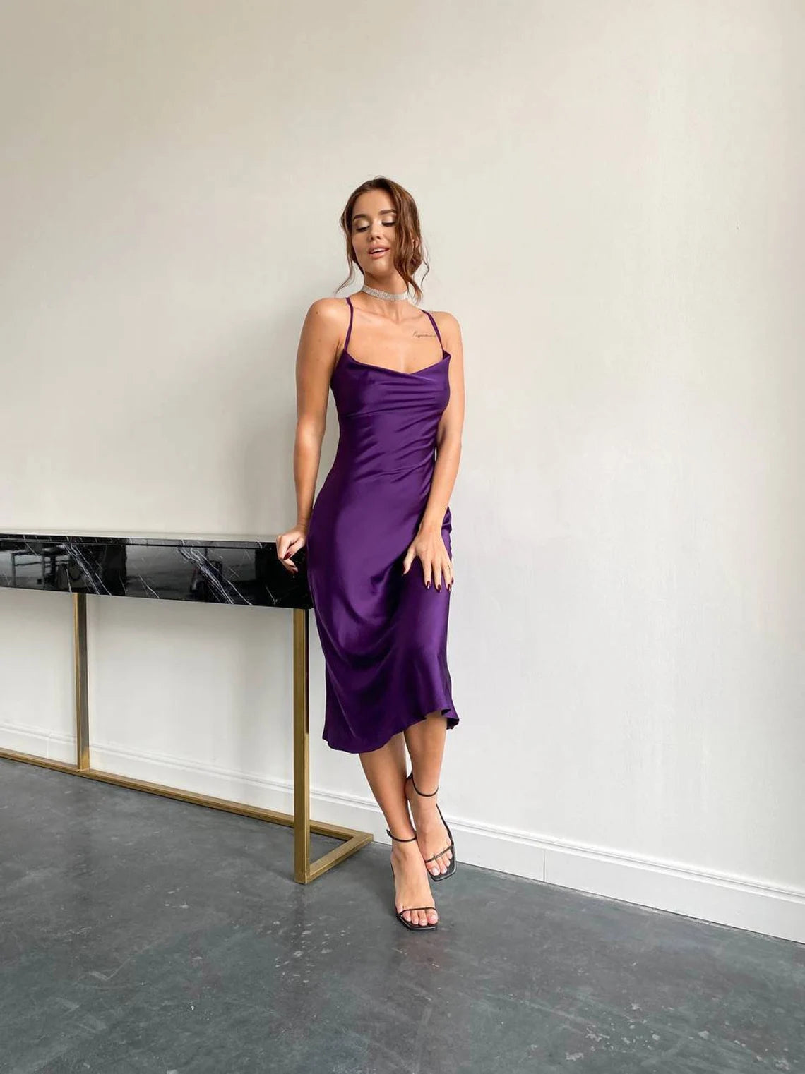 Violet slip midi dress Dark purple off shoulder straps back Elegant dress special occasion Dress bridesmaid wedding silk slip Chloe dress