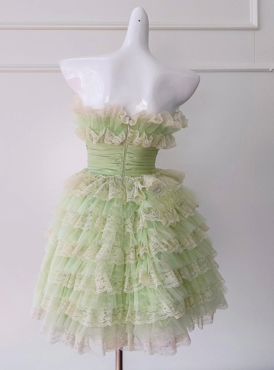 Strapless A-Line Tulle Lace Short Prom Dresses Gorgeous Green Homecoming Dress