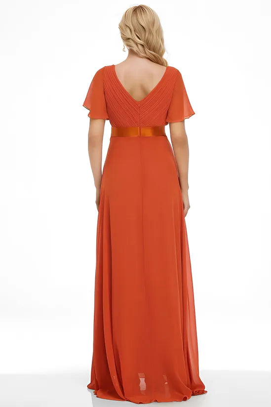 Elegant V Neck Ruffle Sleeve Ruched Empire Waist A line Maxi Chiffon Evening Dress