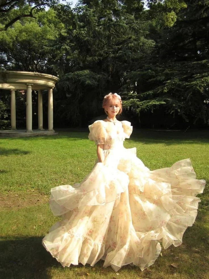 Puff Sleeve Print Flower Chiffon Party Dress Romantic A Line Evening Dress with Slit