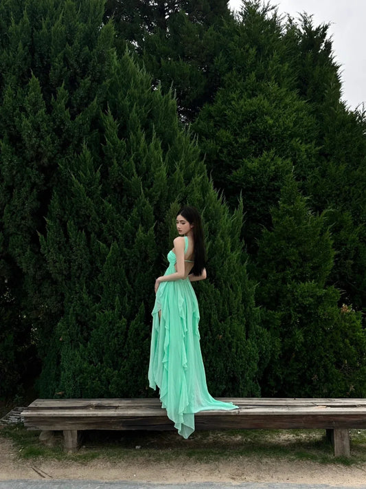 Romantic A Line Ruffle Green Chiffon Party Dress Sweetheart Neck Birthday Dress