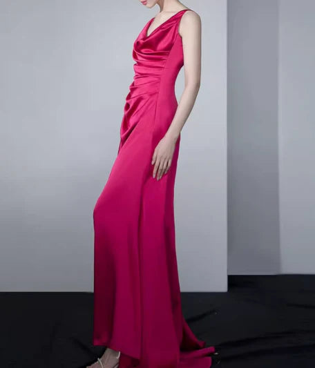 Full of charm Rose Red Satin Backless Retract Your Waist Party Dress