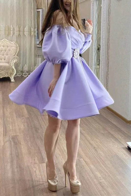 Short Prom Gowns With Belt Purple Satin Off-the-Shoulder Short Homecoming Dresses