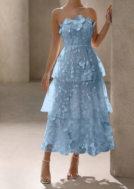 Tulle Embroidered Applique A-Line Vintage Wedding Dress Blue Strapless Elegant Bridesmaid Dress