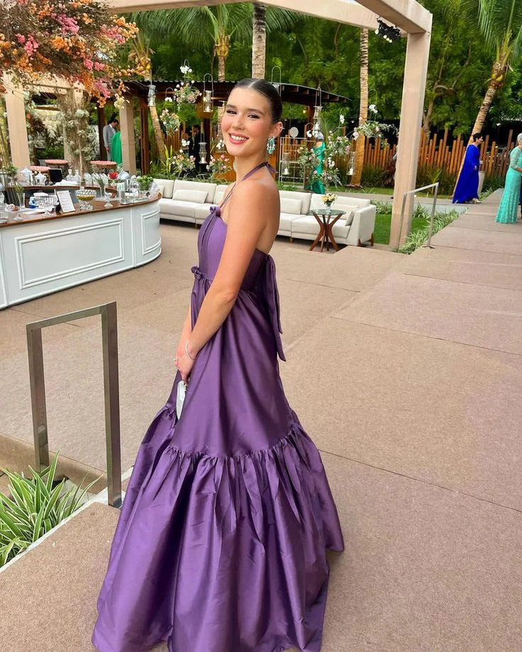 Sexy Long Party Dress Purple Sleeveless Prom Dress Halter Evening Dress