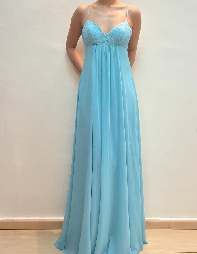 2025 New A Line Spaghetti Strap Beaded Sequin Blue Chiffon Prom Dress