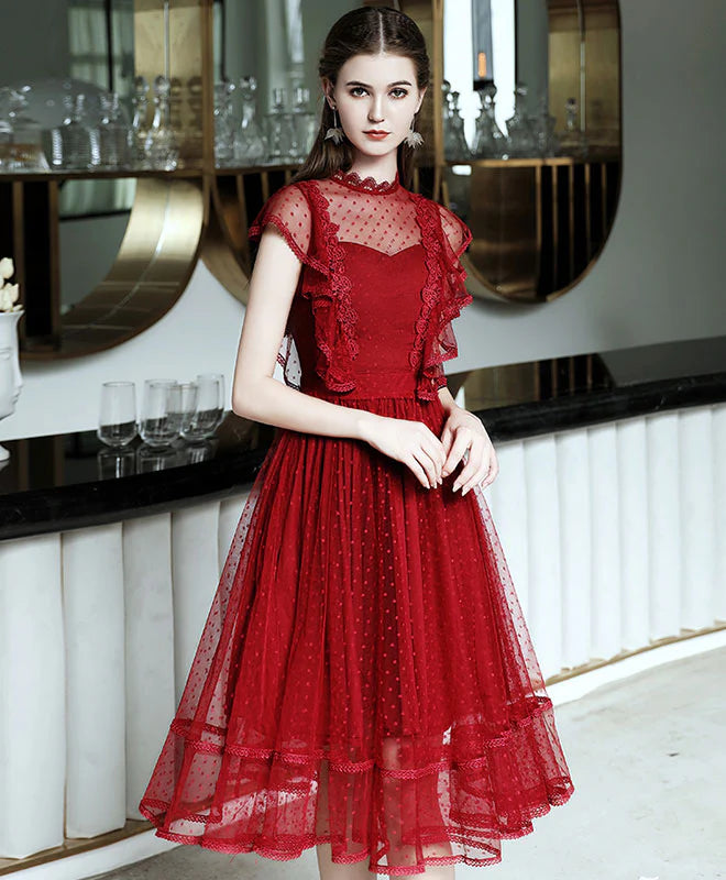 Burgundy Tulle Lace Short Prom Dress, Retract Your Waist Homecoming Dress