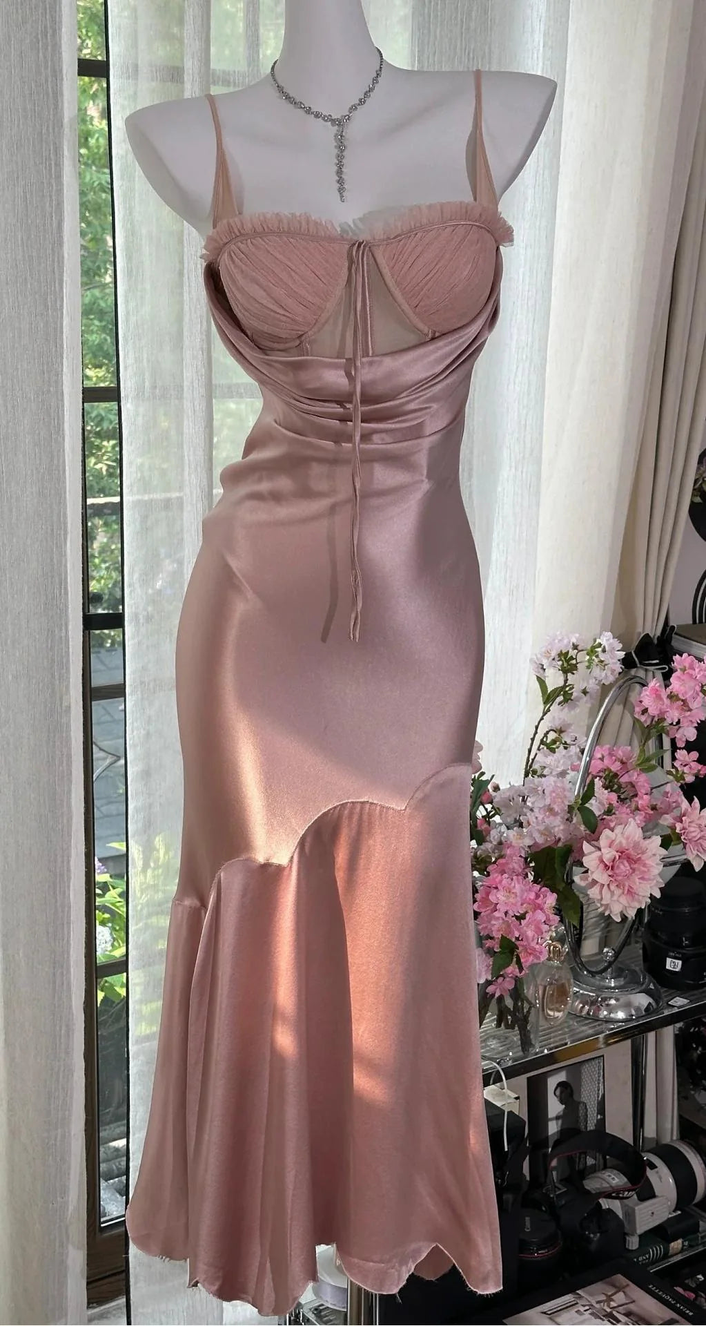 Elegant Sheath Satin Prom Dresses Blush Pink Spaghetti Straps Party Dress