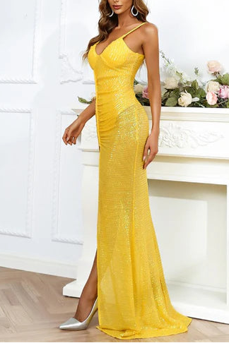 Yellow Sheer Sequin V-Neck High Side Slit Long Evening Dress