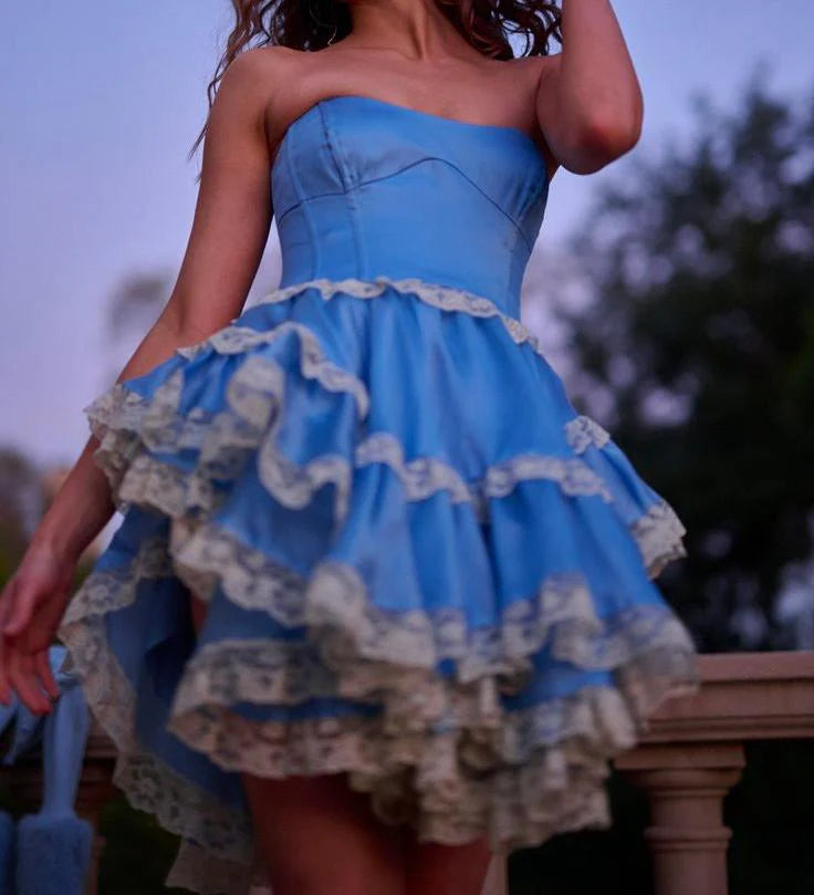 Strapless A-Line Satin Lace Short Prom Dress Sweet Blue Homecoming Dress