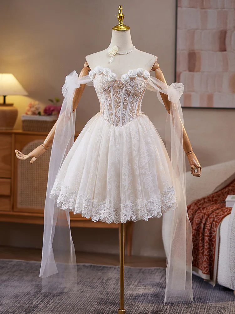 A-Line Off Shoulder Tulle Lace Beige Short Prom Dress, Full of charm Homecoming Dress