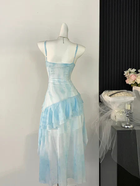 Ethereal Blue High-Low Slim-fit Ruffle Layered Short Prom Dress Outfits