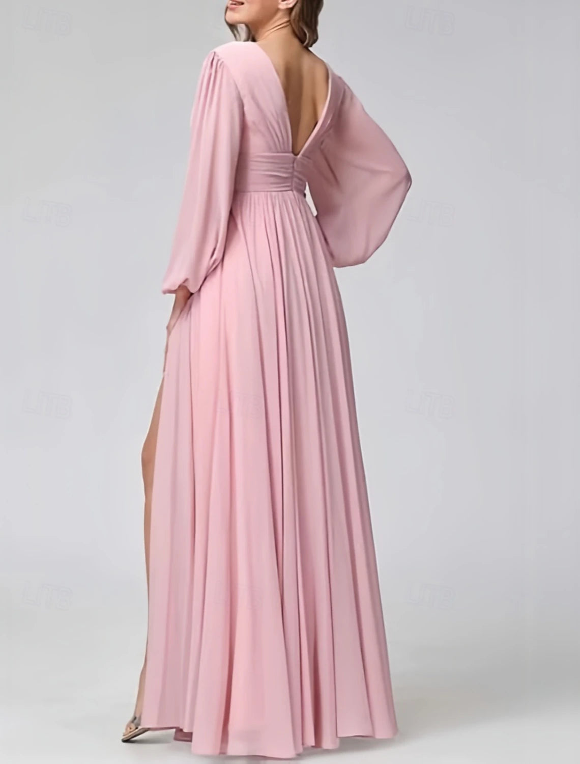 A-Line Bridesmaid Dress V Neck Long Sleeve Elegant Floor Length Chiffon with Pleats Ruching