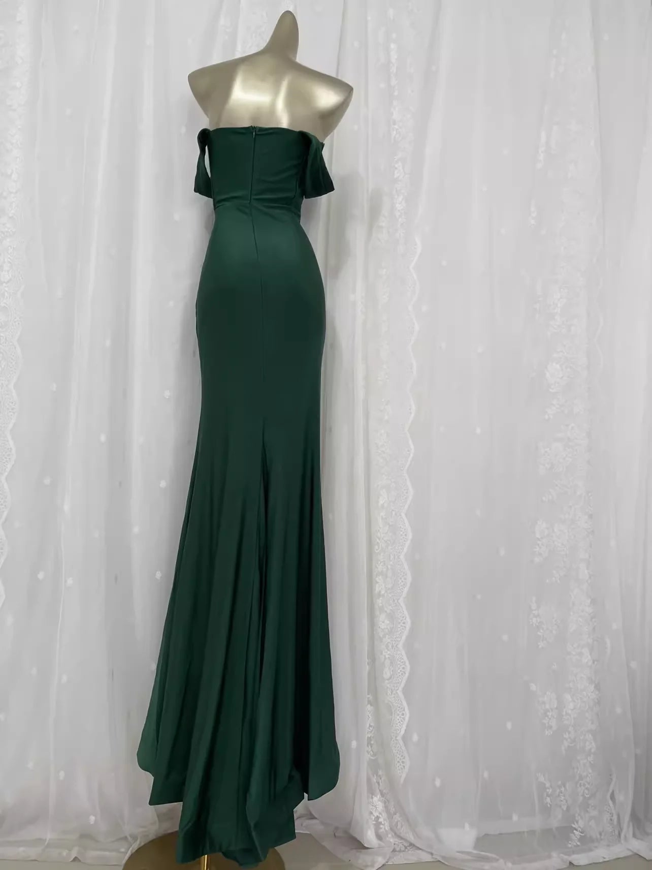 Vintage Mermaid Green Vacation Dress Satin Off The Shoulder Prom Dresses