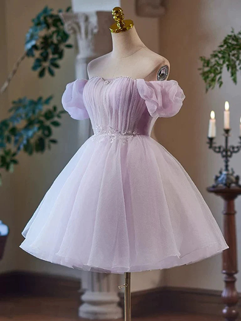 A-Line Sweetheart Neck Tulle Purple Short Prom Dress, Unique design Homecoming Dress