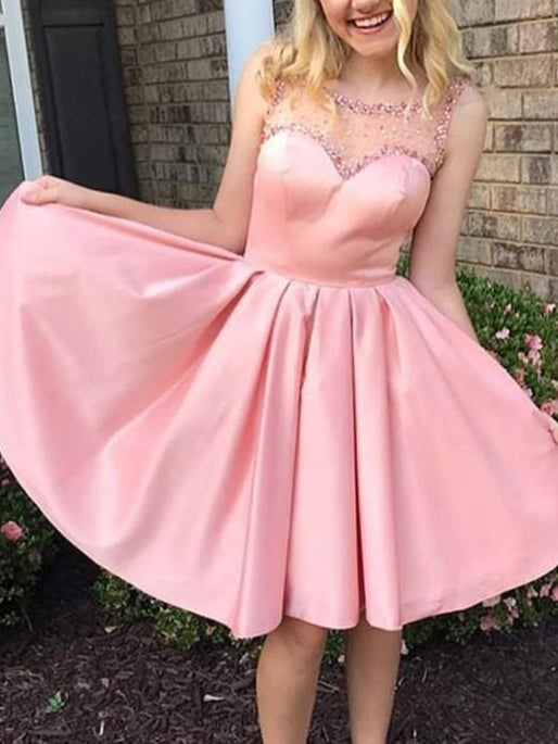 Bridelily A-Line Bateau Satin Sleeveless Knee-Length Homecoming Dresses With Ruffles
